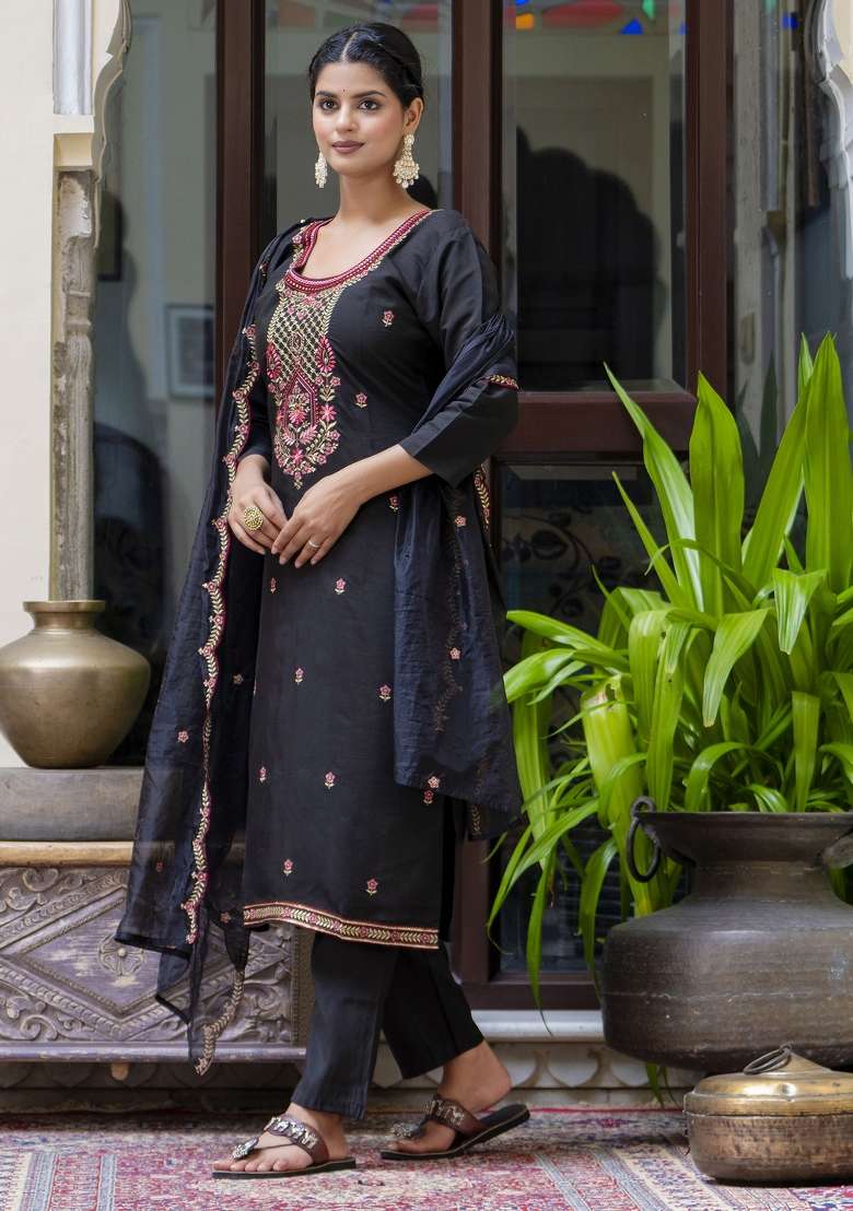 Black Embroidered Silk Blend Straight Kurta Set - Indya