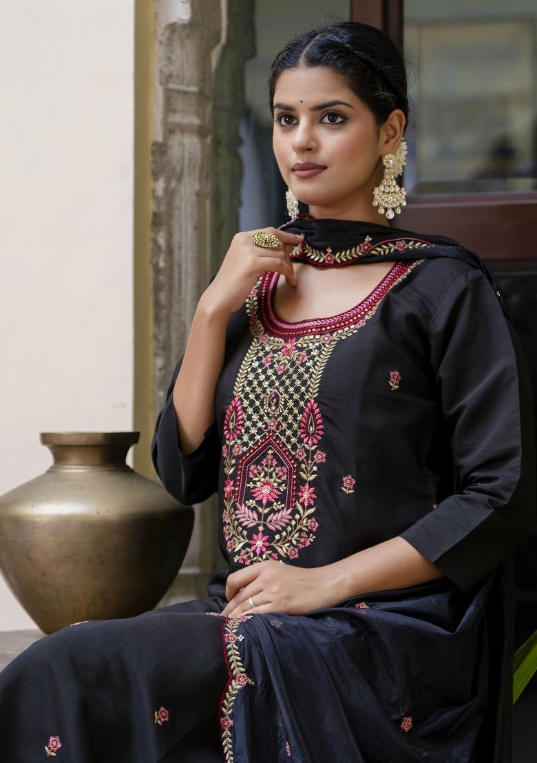 Black Embroidered Silk Blend Salwar Kameez With Dupatta