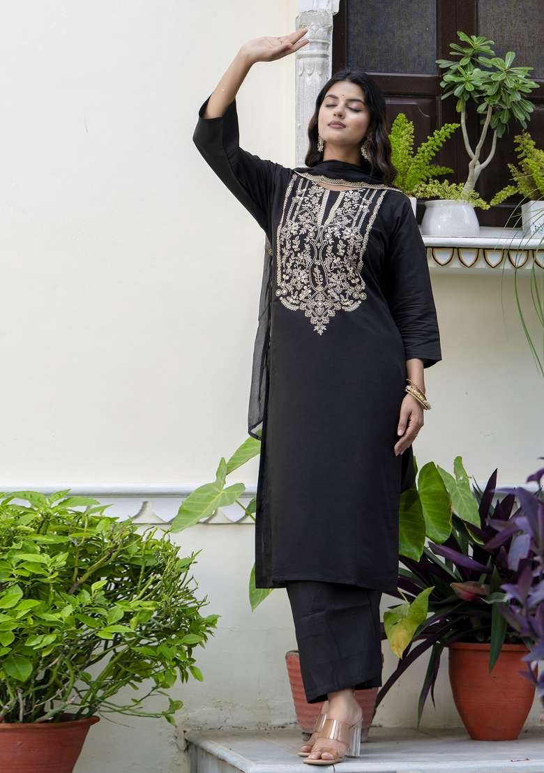 Black Embroidered Silk Blend Straight Kurta Set - Indya