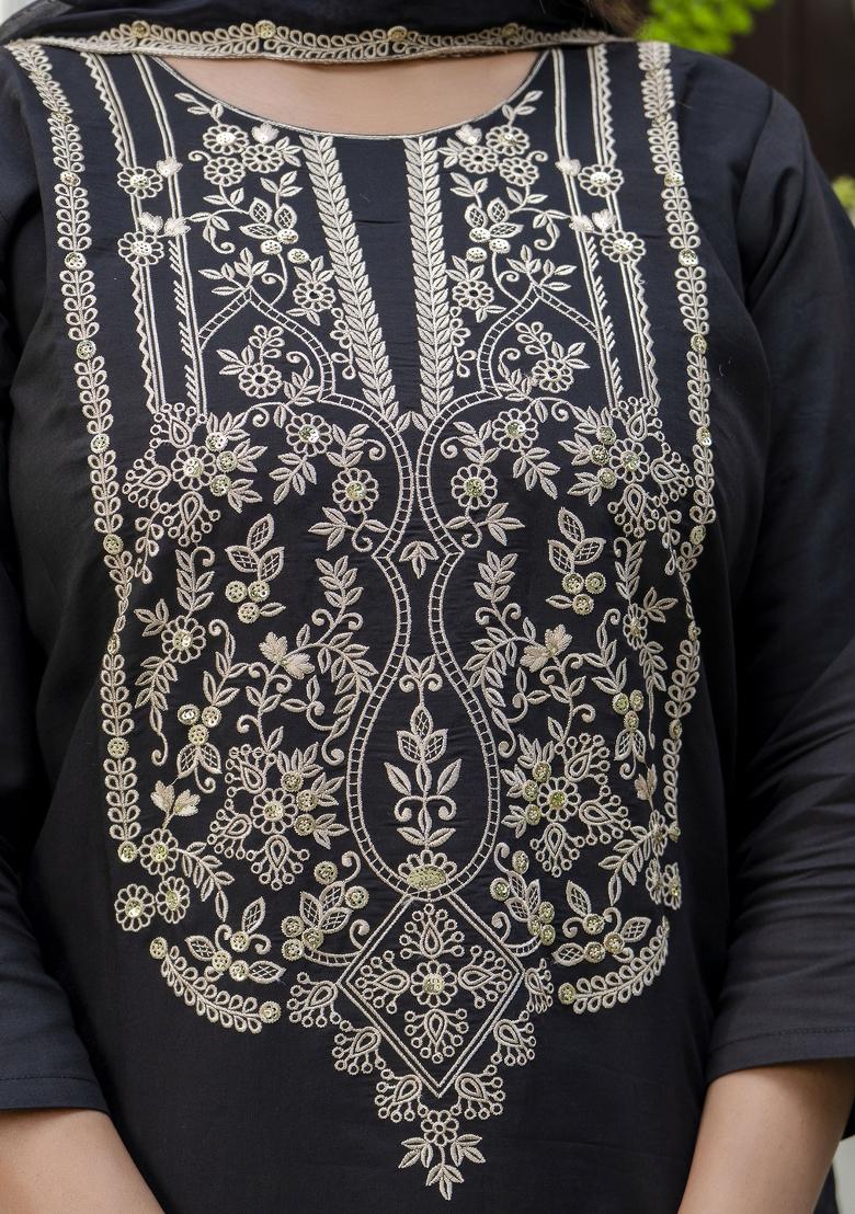 Black Embroidered Silk Blend Salwar Kameez With Dupatta