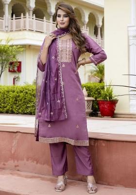 Lavender Embroidered Silk Blend Salwar Kameez With Dupatta