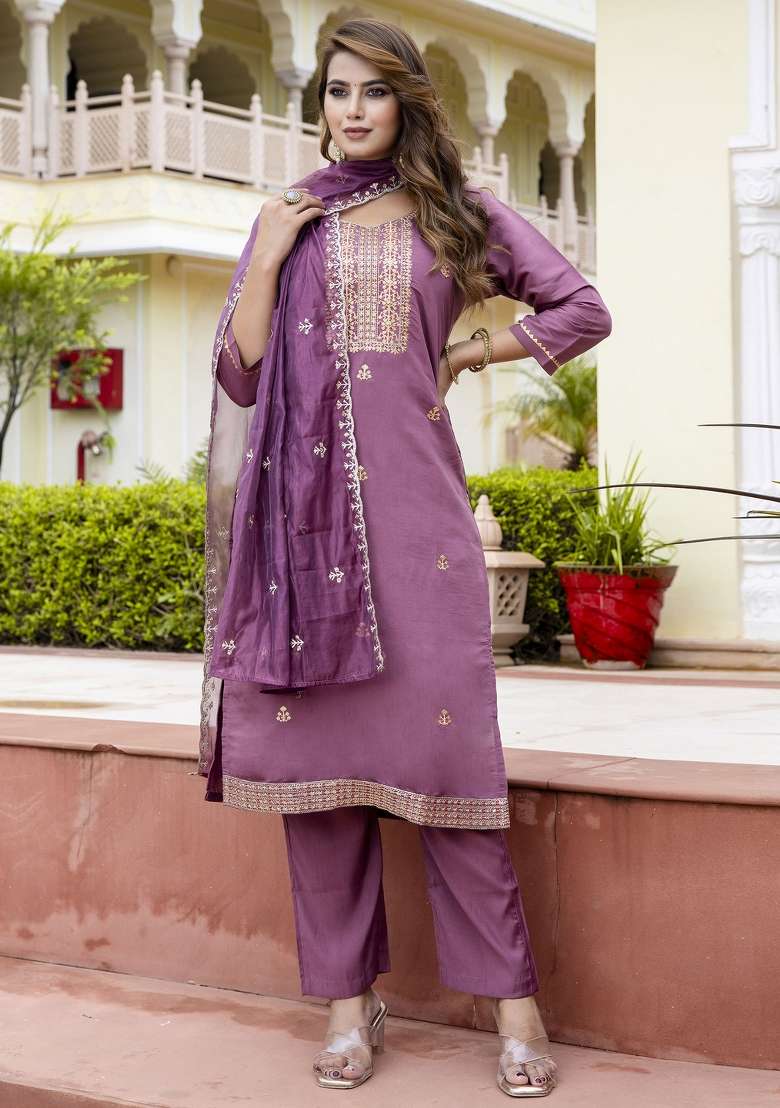 Lavender Embroidered Silk Blend Straight Kurta Set - Indya