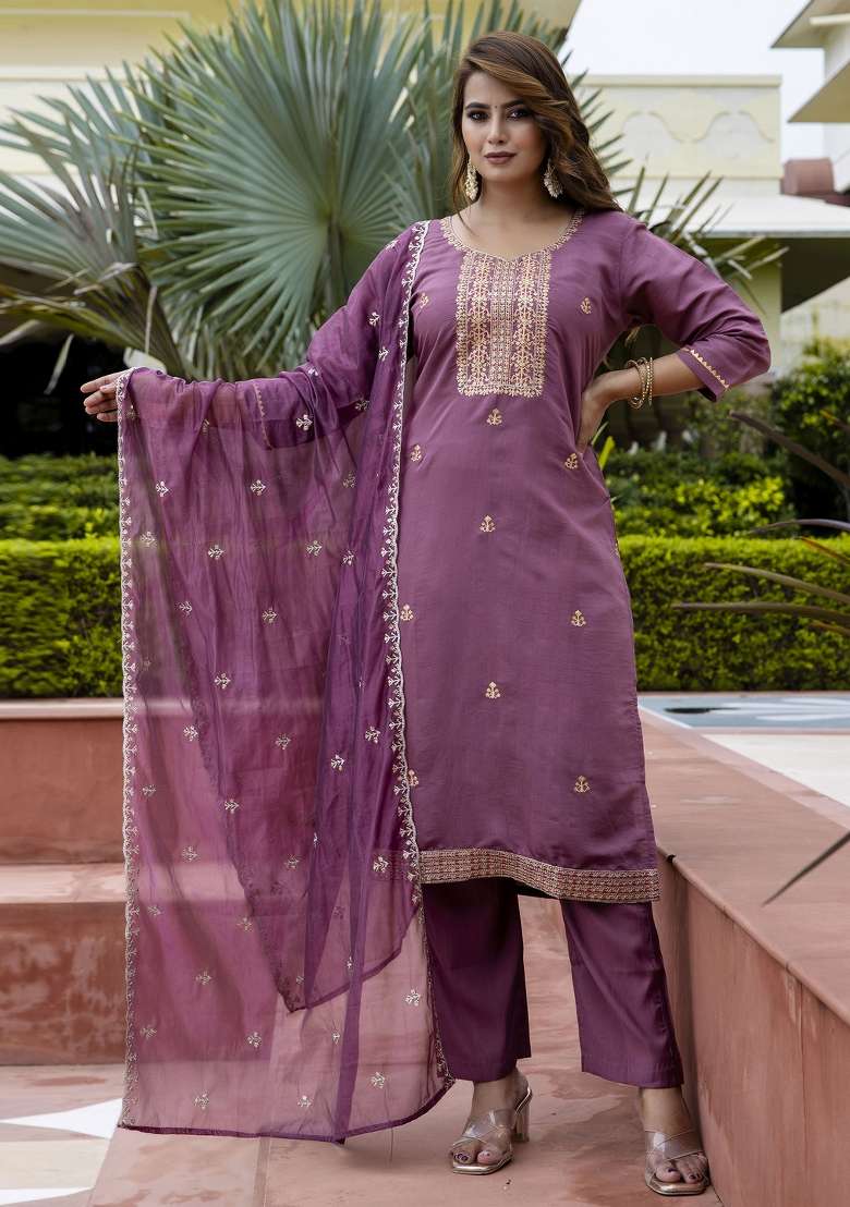 Lavender Embroidered Silk Blend Straight Kurta Set - Indya