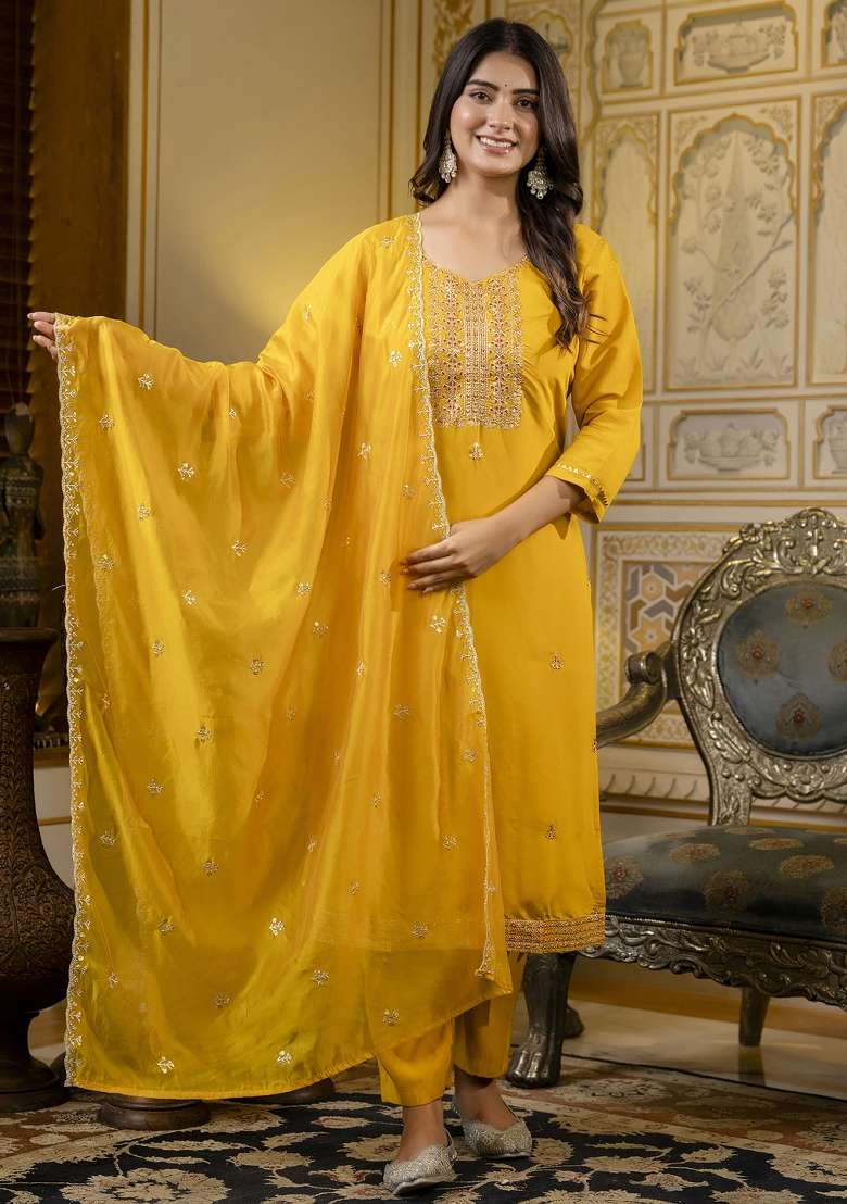 Mustard Yellow Embroidered Silk Blend Straight Kurta Set - Indya