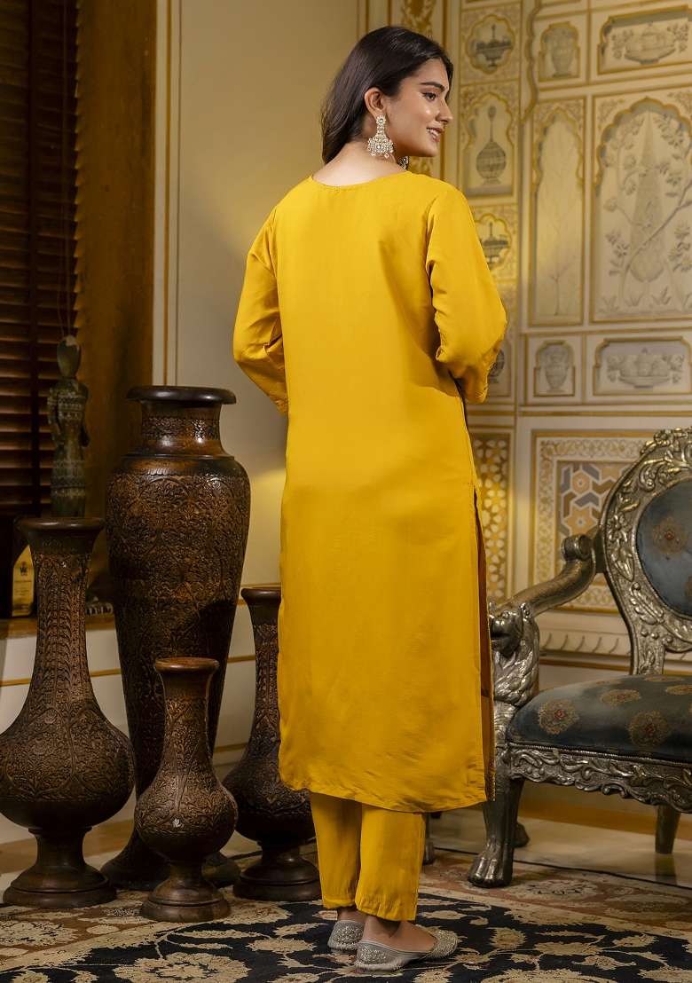 Mustard Yellow Embroidered Silk Blend Straight Kurta Set - Indya
