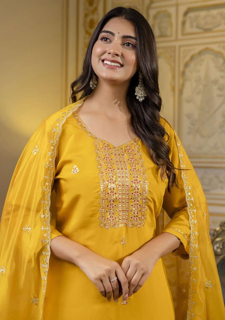 Mustard Yellow Embroidered Silk Blend Straight Kurta Set - Indya