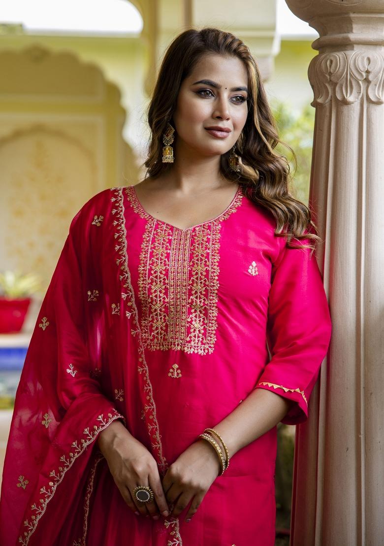 Pink Embroidered Silk Blend Salwar Kameez With Dupatta