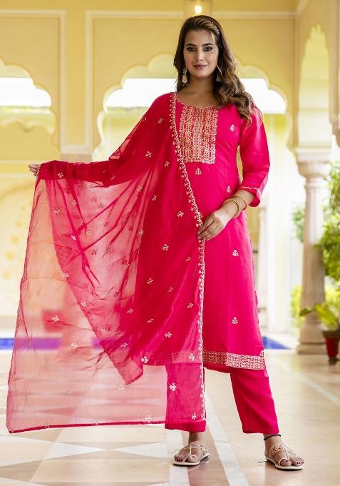 Pink Embroidered Silk Blend Salwar Kameez With Dupatta
