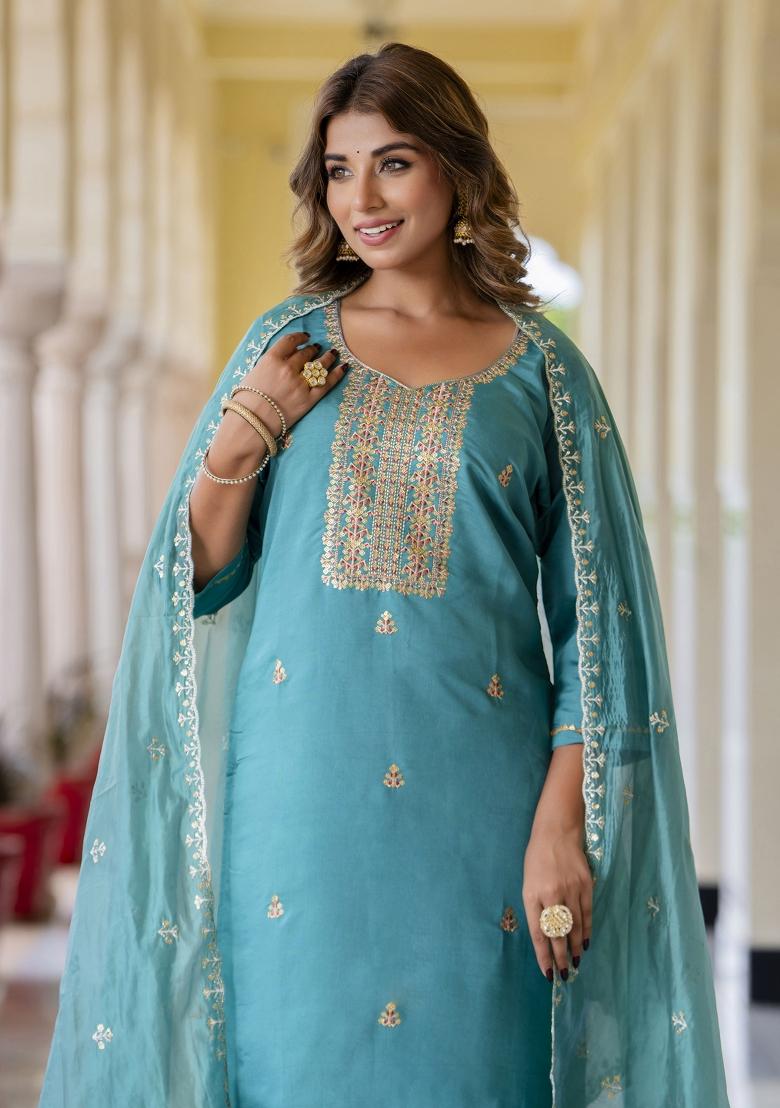Blue Embroidered Silk Blend Salwar Kameez With Dupatta