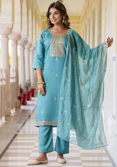Blue Embroidered Silk Blend Salwar Kameez With Dupatta
