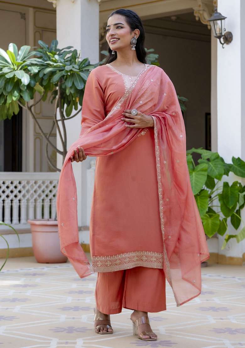 Peach Embroidered Silk Blend Straight Kurta Set - Indya