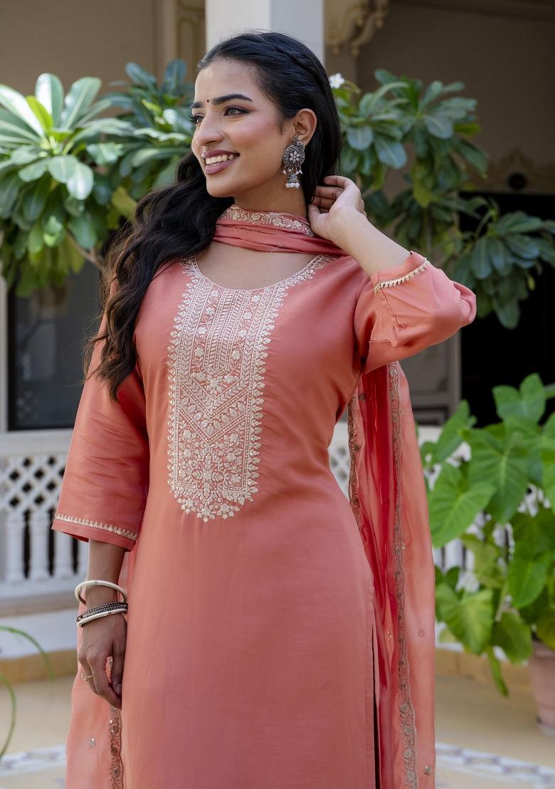 Peach Embroidered Silk Blend Salwar Kameez With Dupatta