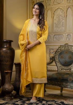 Yellow Embroidered Silk Blend Salwar Kameez With Dupatta