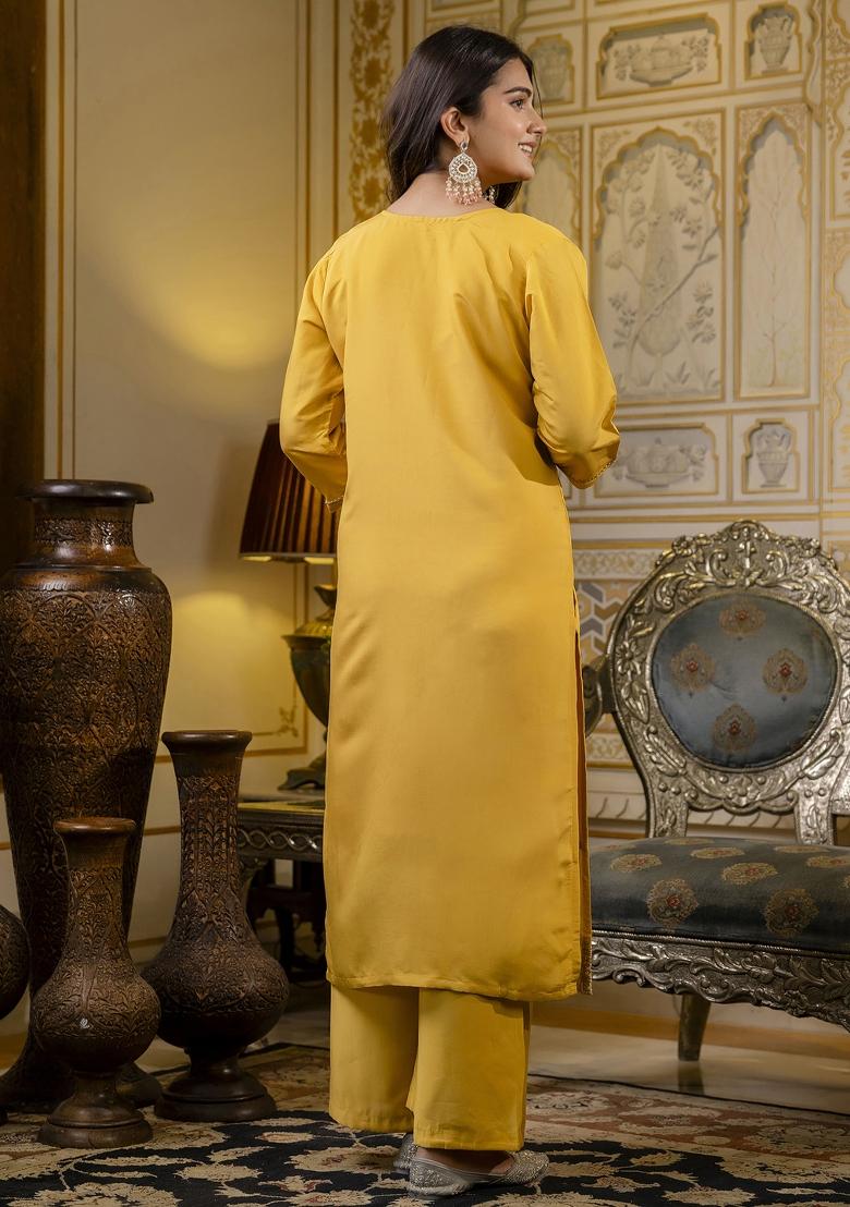 Yellow Embroidered Silk Blend Salwar Kameez With Dupatta