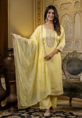 Yellow Embroidered Silk Blend Salwar Kameez With Dupatta
