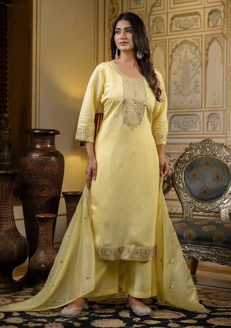 Yellow Embroidered Silk Blend Salwar Kameez With Dupatta