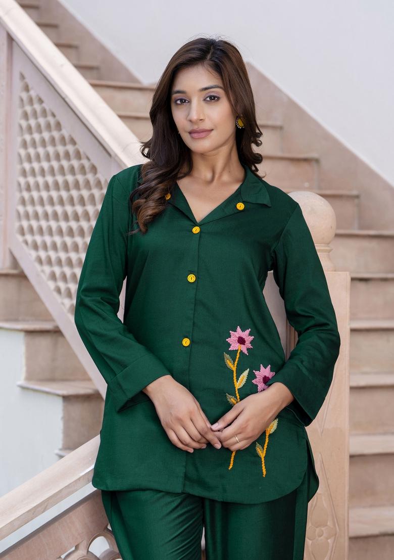 Green Embroidered Silk Blend Coord Set