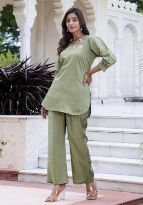 Pista Green Embroidered Silk Blend Coord Set
