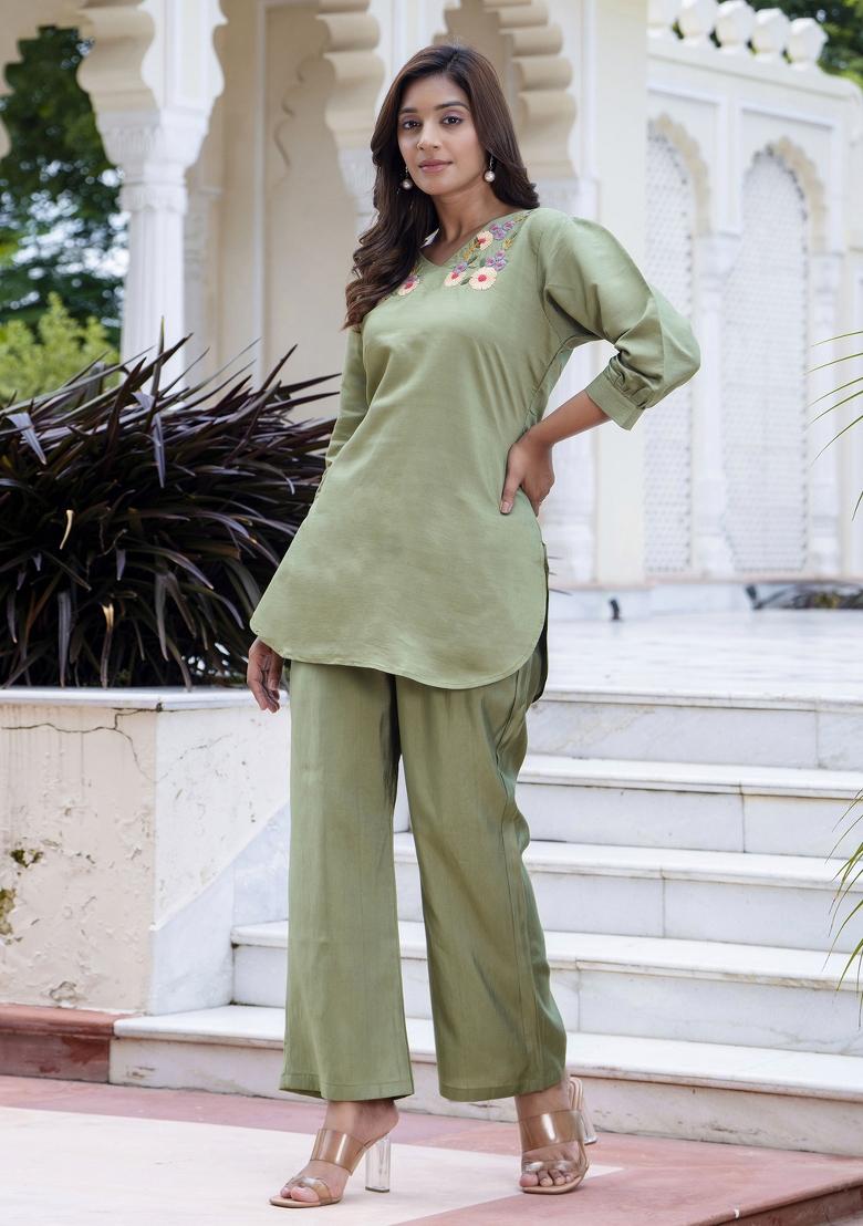 Pista Green Embroidered Silk Blend Coord Set
