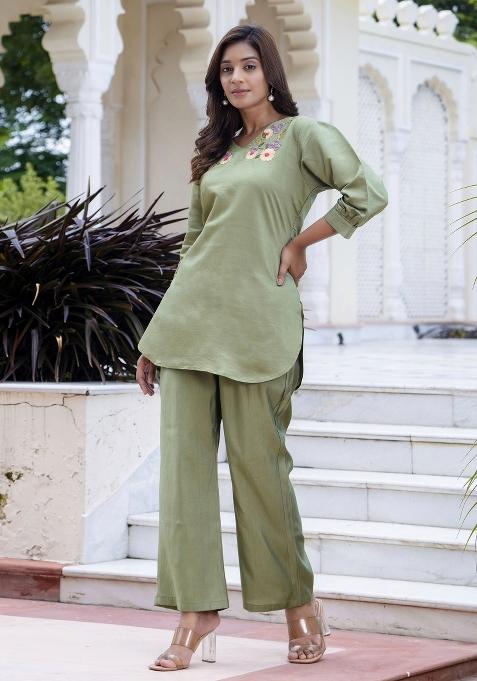 Pista Green Embroidered Silk Blend Coord Set