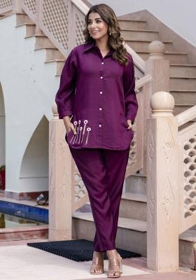 Purple Embroidered Silk Blend Coord Set