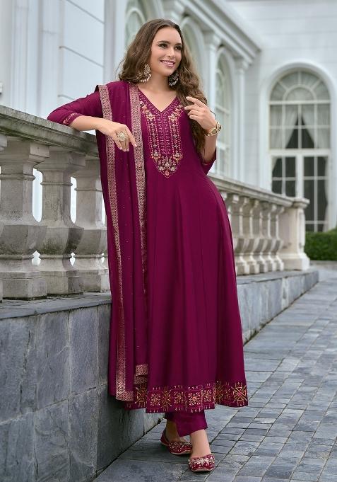 Red Embroidered Vichitra Salwar Kameez With Dupatta