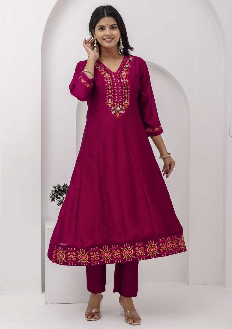 Red Embroidered Vichitra A Line Kurta Set - Indya