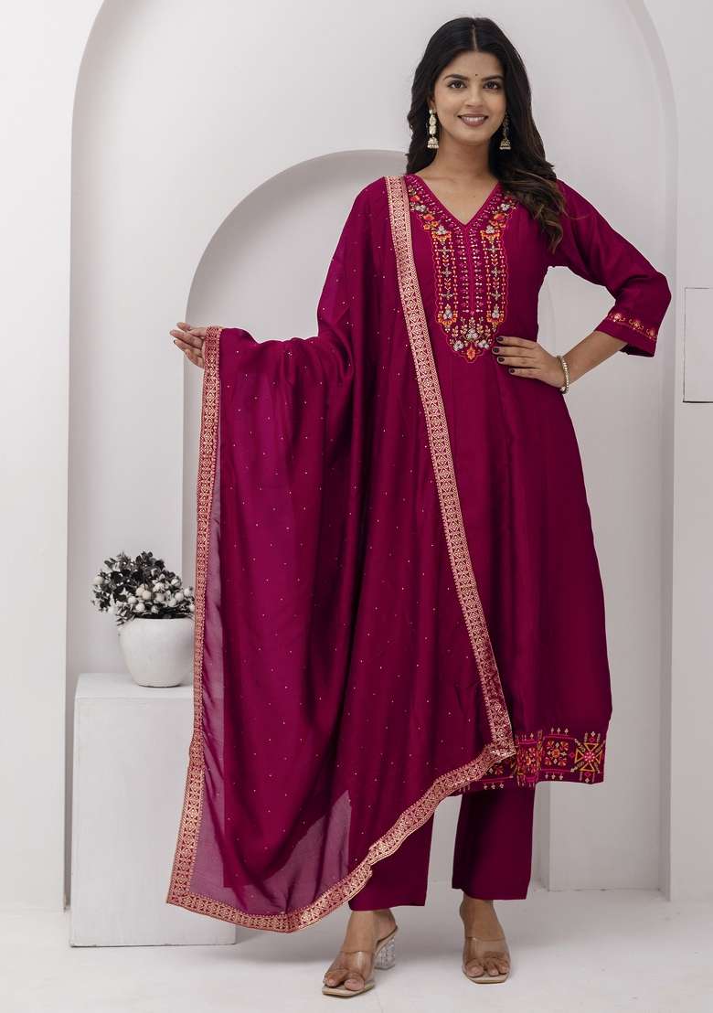Red Embroidered Vichitra A Line Kurta Set - Indya