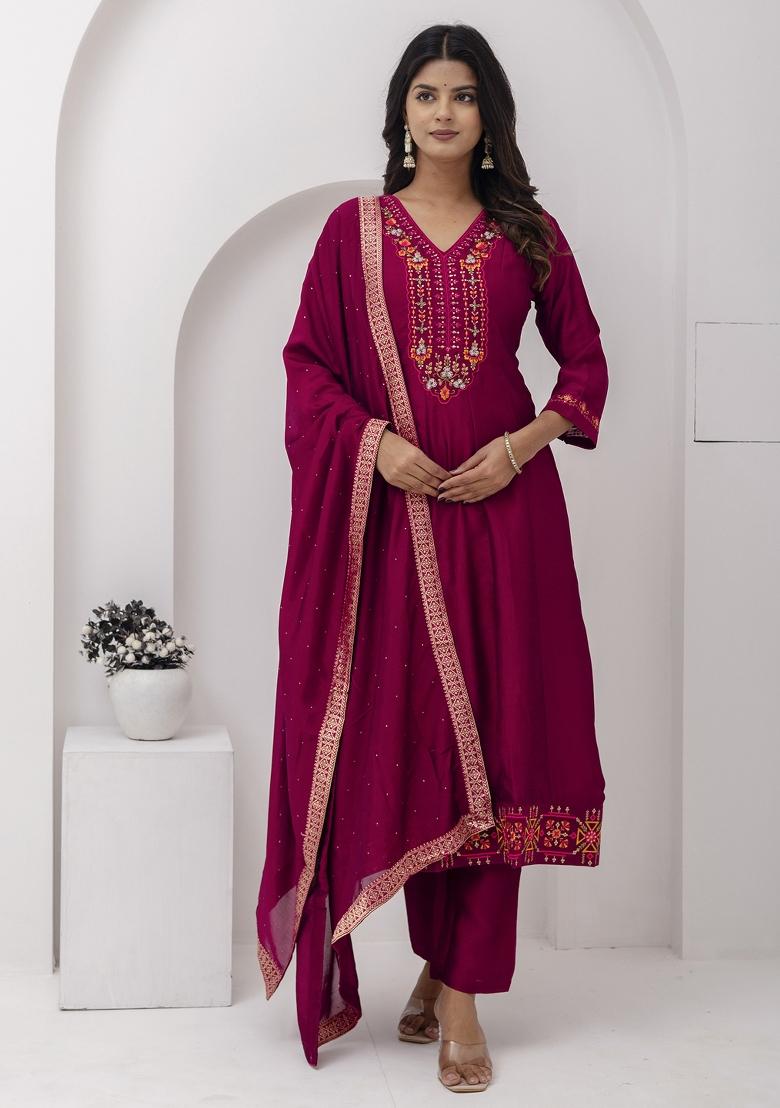 Red Embroidered Vichitra Salwar Kameez With Dupatta