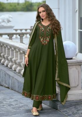 Green Embroidered Vichitra Salwar Kameez With Dupatta