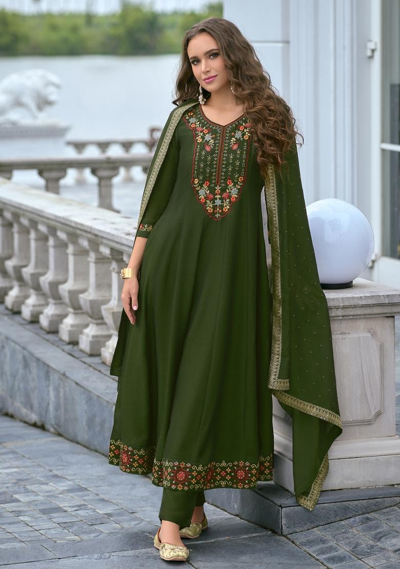 Green Embroidered Vichitra Salwar Kameez With Dupatta