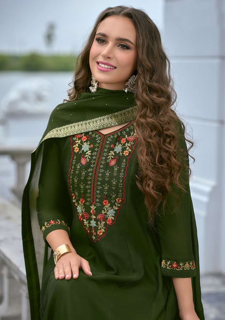 Green Embroidered Vichitra A Line Kurta Set - Indya