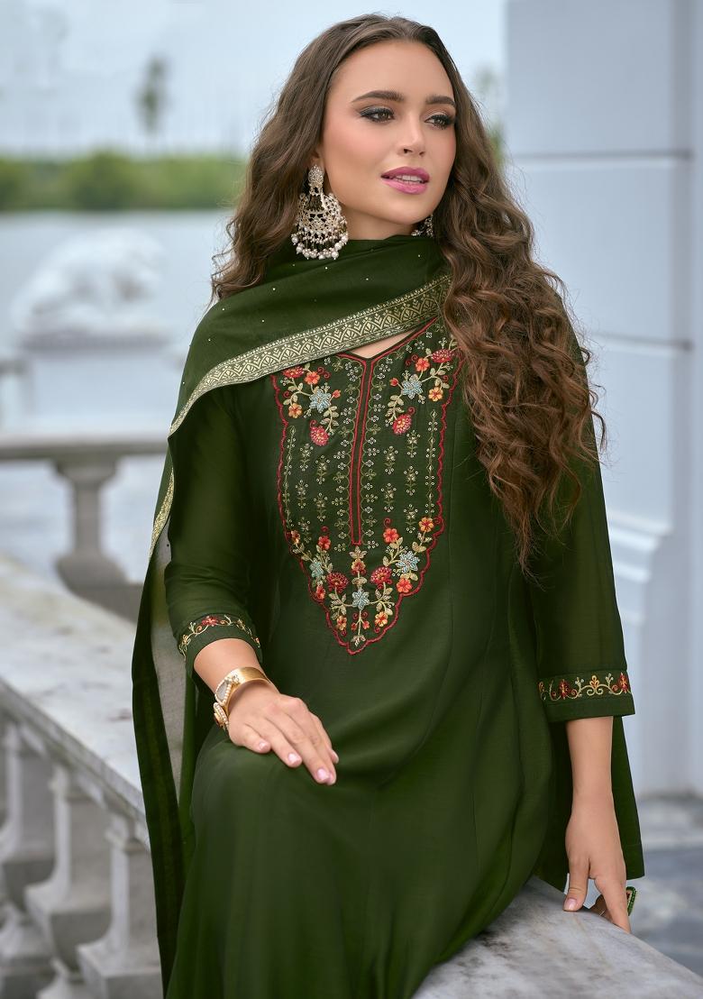 Green Embroidered Vichitra Salwar Kameez With Dupatta