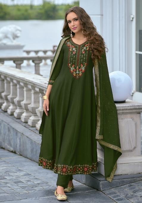 Green Embroidered Vichitra Salwar Kameez With Dupatta