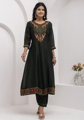 Green Embroidered Vichitra Salwar Kameez With Dupatta
