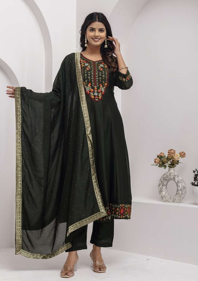Green Embroidered Vichitra A Line Kurta Set - Indya