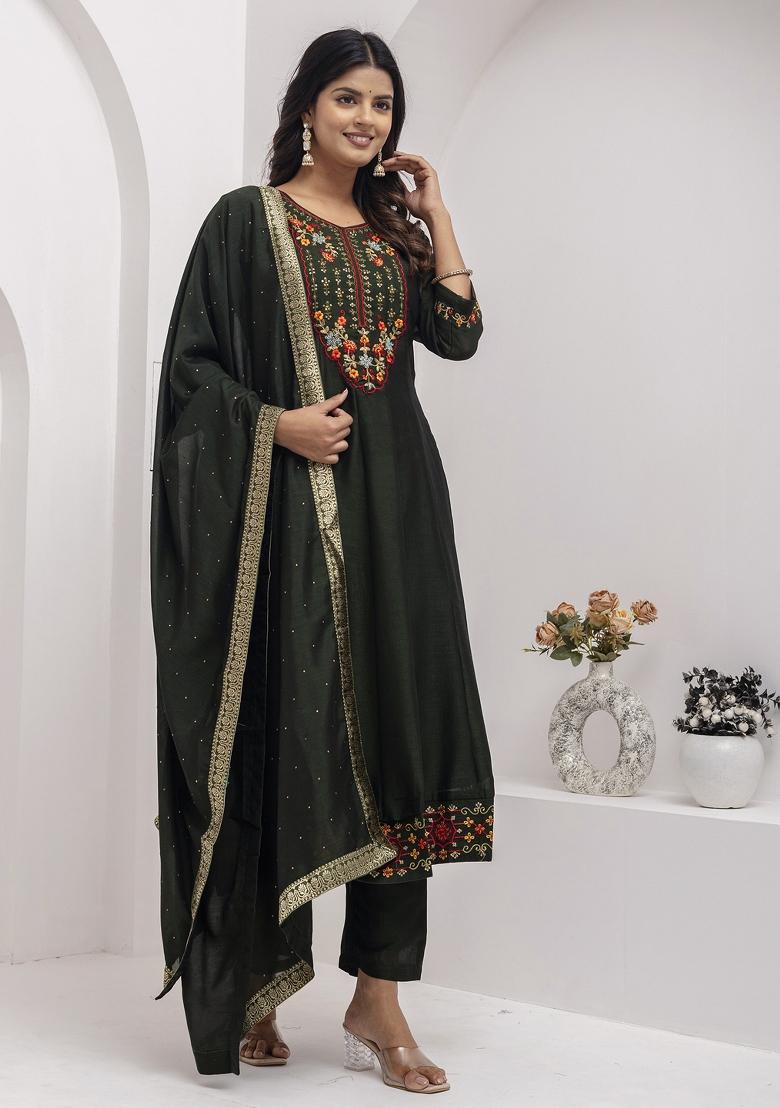 Green Embroidered Vichitra Salwar Kameez With Dupatta