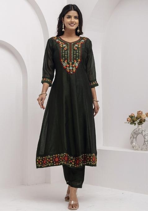 Green Embroidered Vichitra Salwar Kameez With Dupatta