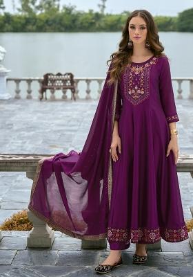 Purple Embroidered Vichitra Salwar Kameez With Dupatta