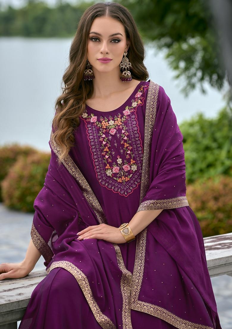 Purple Embroidered Vichitra Salwar Kameez With Dupatta