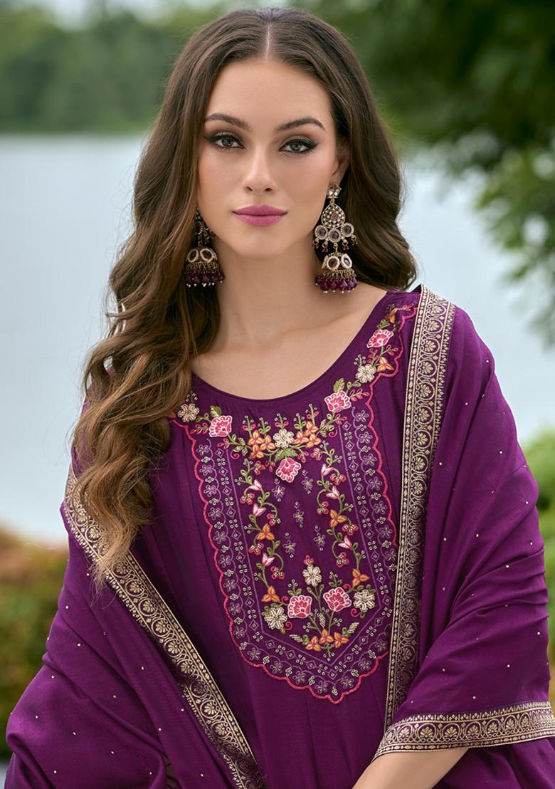 Purple Embroidered Vichitra Salwar Kameez With Dupatta