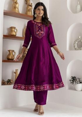 Purple Embroidered Vichitra Salwar Kameez With Dupatta