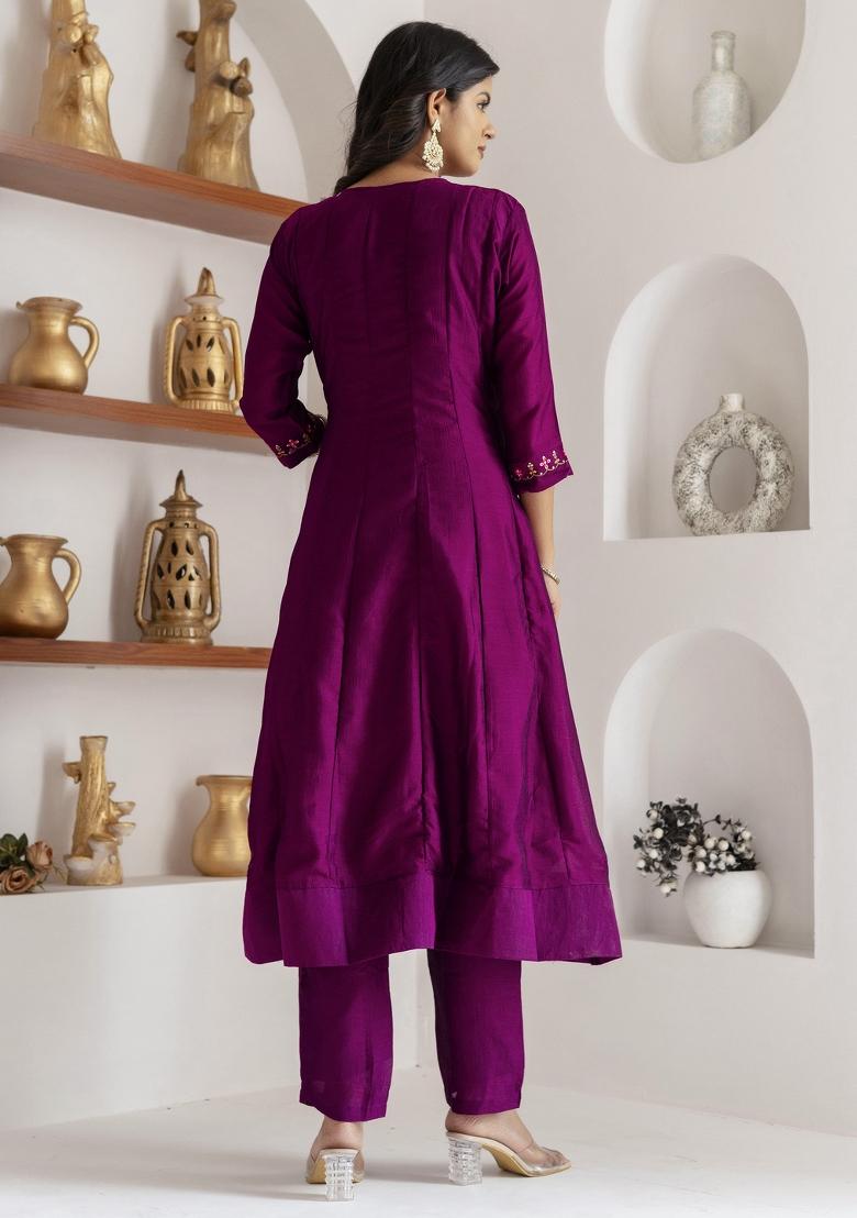 Purple Embroidered Vichitra Salwar Kameez With Dupatta