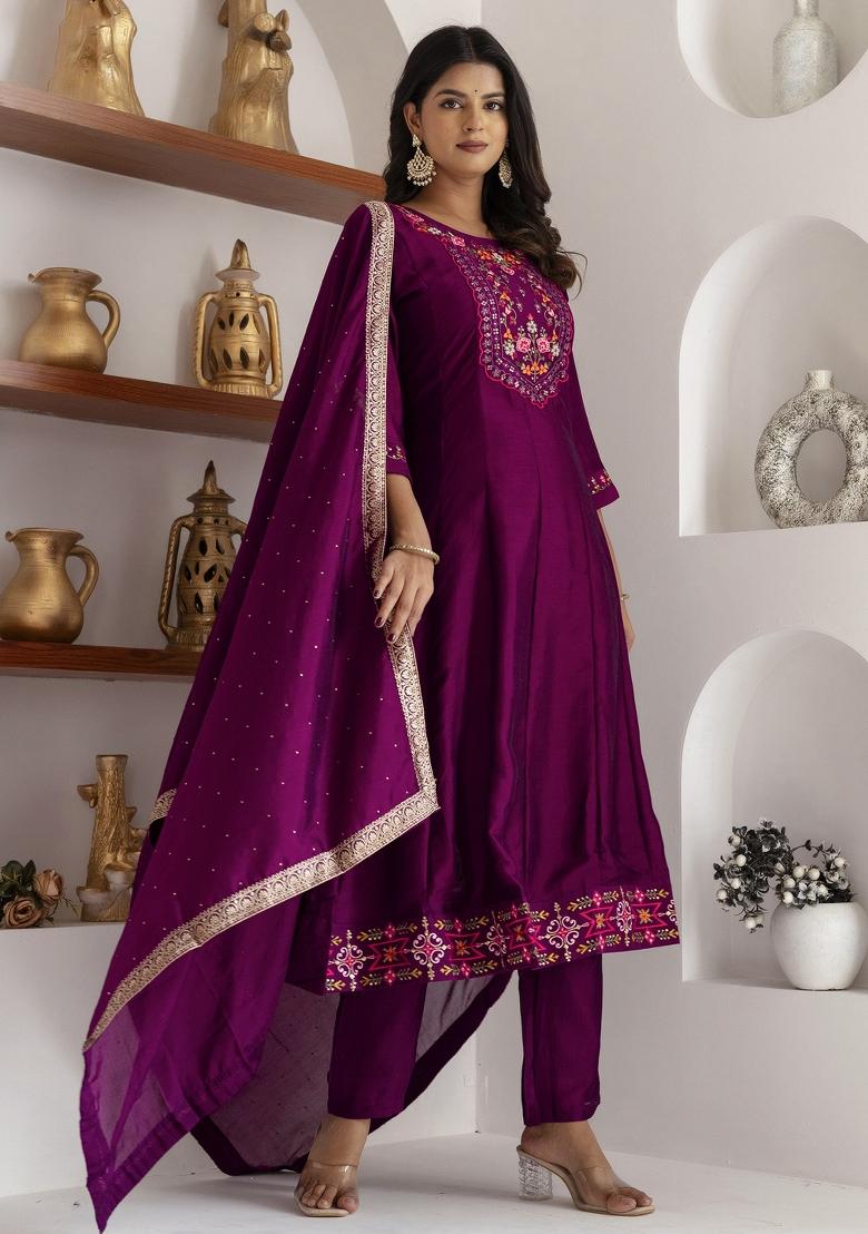 Purple Embroidered Vichitra Salwar Kameez With Dupatta