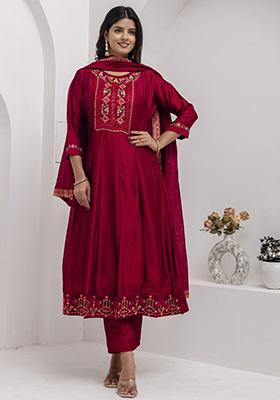 Red Embroidered Vichitra Salwar Kameez With Dupatta