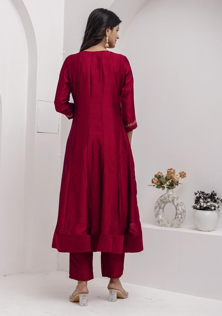 Red Embroidered Vichitra Salwar Kameez With Dupatta