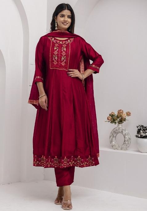 Red Embroidered Vichitra Salwar Kameez With Dupatta