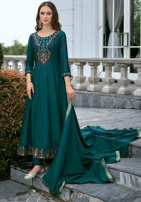 Teal Blue Embroidered Vichitra Salwar Kameez With Dupatta
