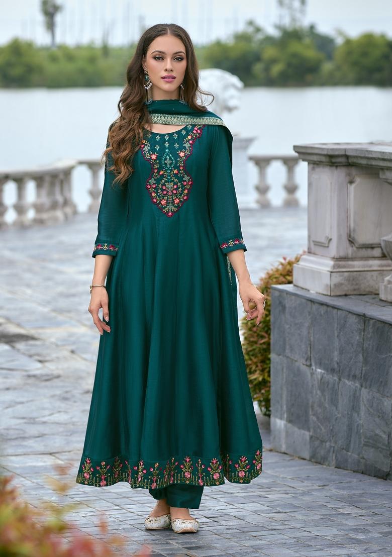 Teal Blue Embroidered Vichitra Salwar Kameez With Dupatta