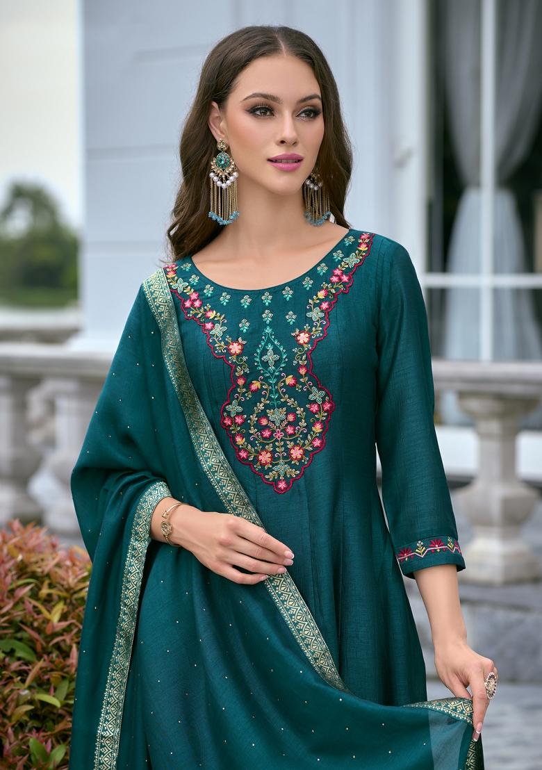 Teal Blue Embroidered Vichitra Salwar Kameez With Dupatta